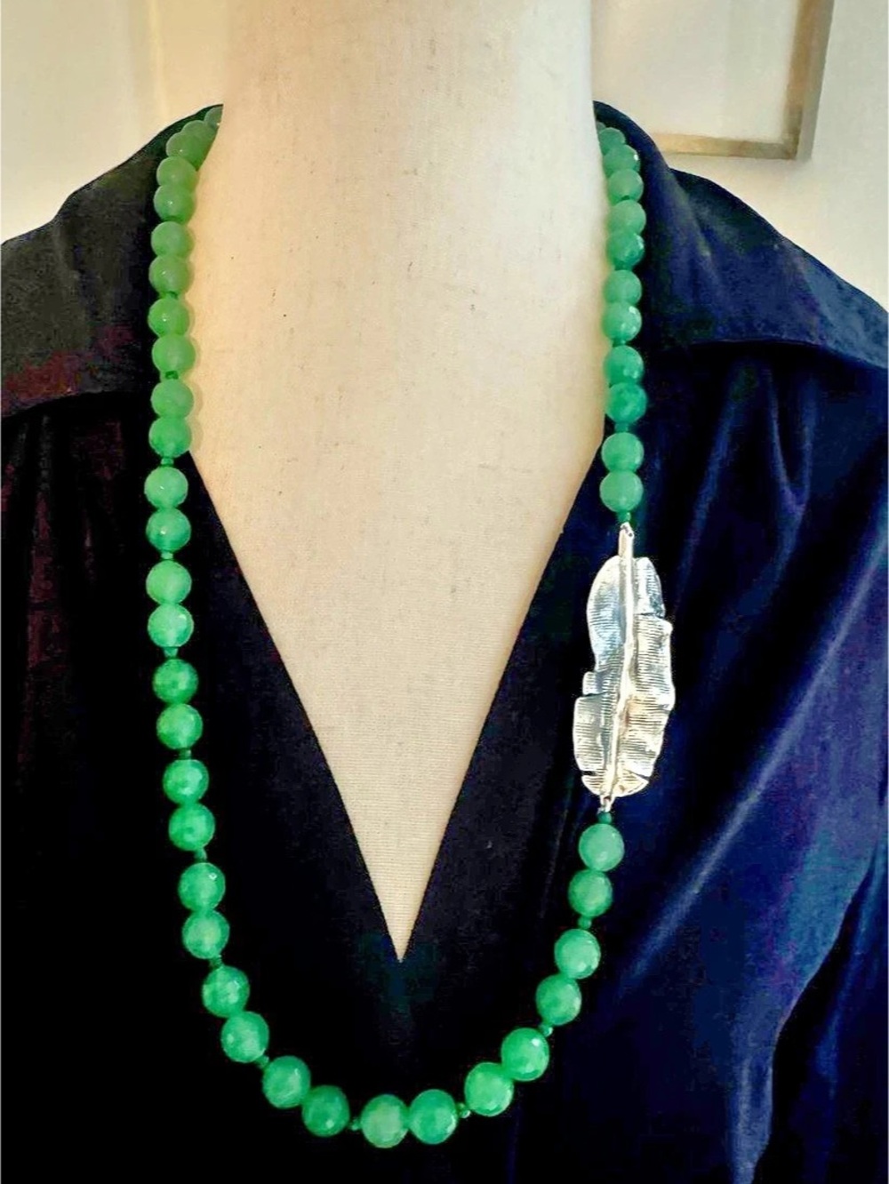Mignon Faget Banana Leaf Asymmetrical Necklace Green & Silver